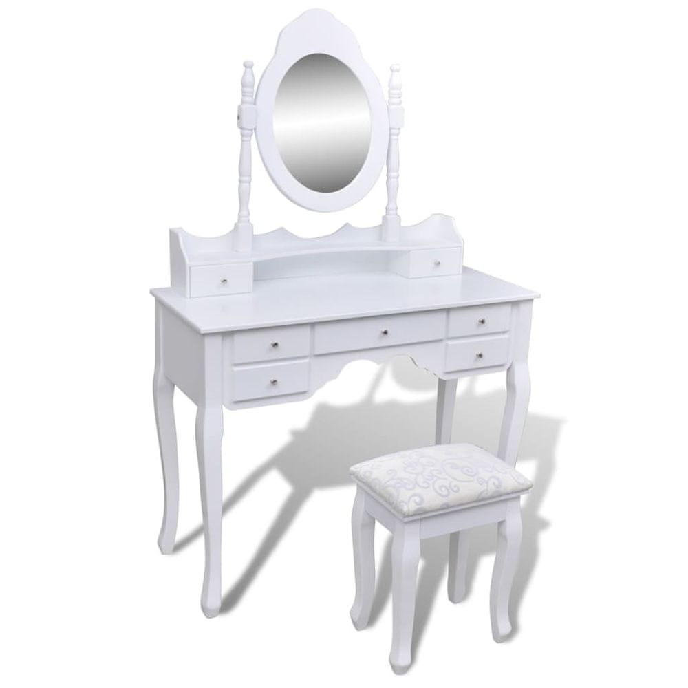 Vidaxl Toaletný stolík so zrkadlom a stoličkou, 7 zásuviek, biely
